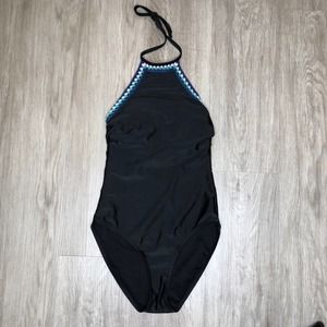 Seekers Australia Women's Black Crochet Trim High Neck One Piece Swimsuit sz 6